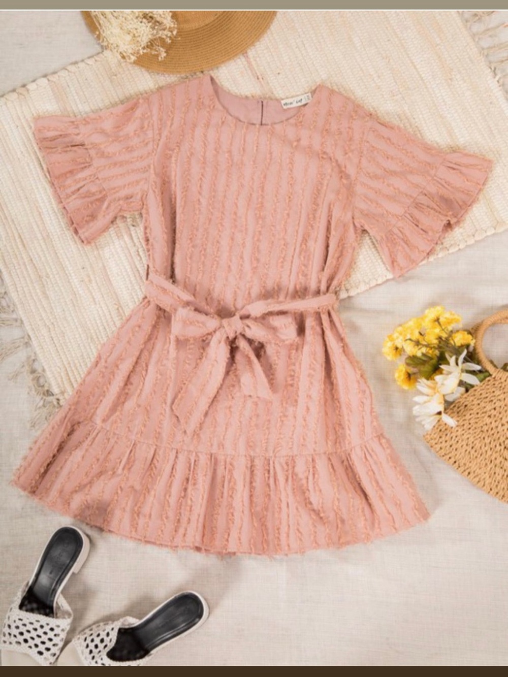 Textured Pink Tie-Waist Mini Dress